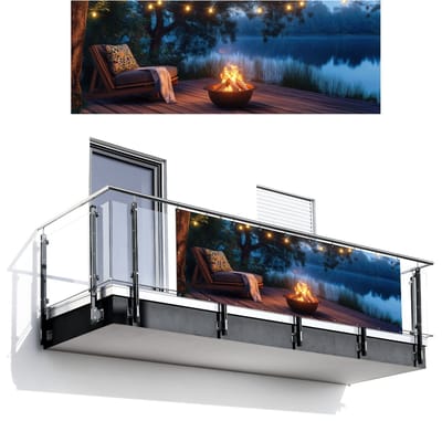 Balkonscherm 300x110 cm - Balkonposter Kampvuur - Meer - Avondlicht - Balkon scherm decoratie - Balkonschermen - Balkondoek zonnescherm