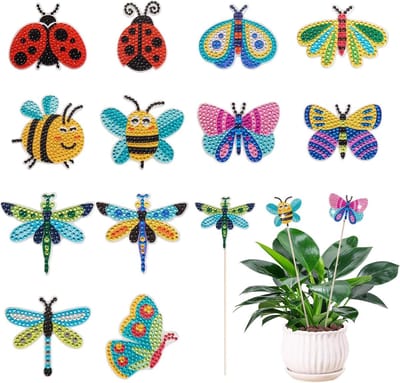 Diamant Schilderen Insecten - Tuin Decoratie Kits - Bloempotten Versieren - Acryl Steentjes Set - 12 Stuks - Gemengde Kleuren