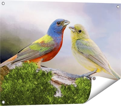 Gards Tuinposter Getekende Gorzen Vogels - Kleur - Abstract - 80x60 cm - Tuindoek - Tuindecoratie - Wanddecoratie buiten - Tuinschilderij