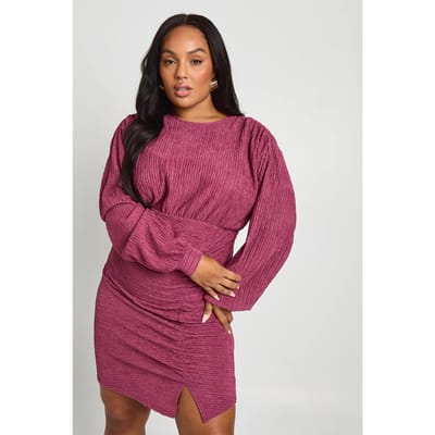 boohoo Dames Plus Gerimpelde Getextureerde Geplooide Lange Mouw Mini-jurk | Berry | Maat: 26