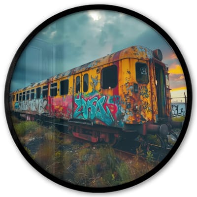 Poster in lijst Rond - Fotolijst 40x40 cm - Posters - Graffiti - Verlaten trein - Street art - Ronde posterlijst zwart - Decoratie - Wanddecoratie woonkamer - Muurdecoratie slaapkamer