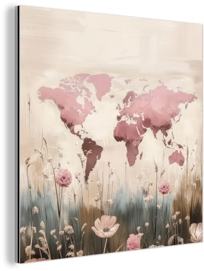 Aluminium schilderij 90x90 cm - Wanddecoratie metaal - Wereldkaart - Roze - Bloemen - Metalen muurdecoratie woonkamer - Decoratie industrieel - Foto op dibond - Industriële accessoires slaapkamer