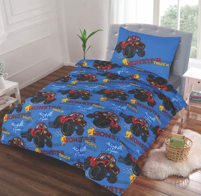 Kinderdekbedovertrek - Dekbedovertrek set-Monster truck met grote wielen Rood-Blauw-Eenpersoons -140 x 220-cm + 1 kussensloop 60x70cm