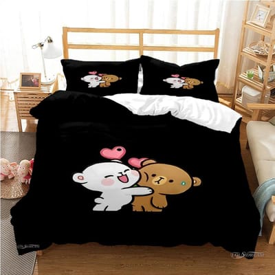 Housse de couette et taies d'oreiller motif panda et ours de dessin animé mignon Bubu Dudu, parure de lit kawaii, housse de couette douce et taies d'oreiller, pour garçons, simple, double, queen et king size. 140x200cm 3pcs