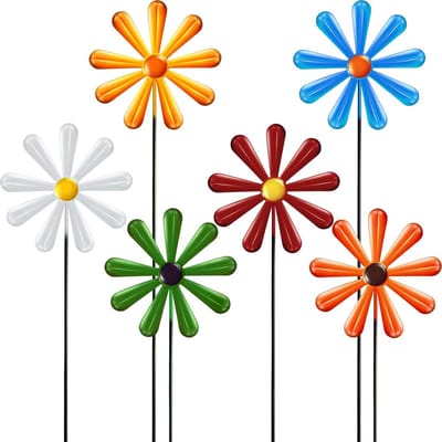 SnelShoppen - 6 Pack Metal Daisy Garden Stakes Decor - Multicolor Tuin Decoratie - Metalen Bloemen - Hedendaags Design - Perfect voor Buiten, Bruiloft