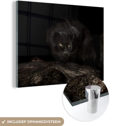 MuchoWow® Glasschilderij 160x120 cm - Schilderij acrylglas - Panter - Bos - Ogen - Foto op glas - Schilderijen