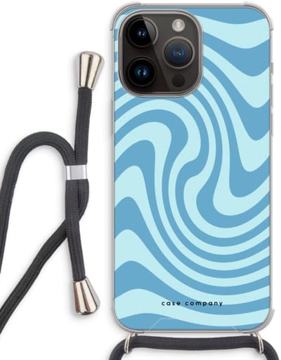 Case Company® - Hoesje met koord geschikt voor iPhone 14 Pro Max hoesje met Koord - Swirl Blauw - Telefoonhoesje met Zwart Koord - Bescherming aan alle Kanten en Over de Schermrand