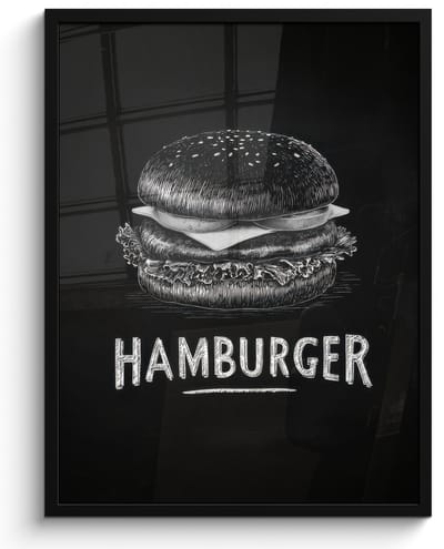 Poster in lijst - Fotolijst 60x80 cm - Posters - Hamburger - Krijttekst - Zwart - Wit - Posterlijst zwart - Decoratie - Wanddecoratie woonkamer - Muurdecoratie slaapkamer