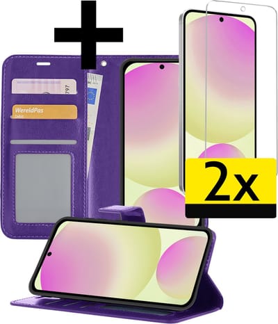 Hoesje - Met 2x Screenprotector - Geschikt voor Samsung Galaxy S24 FE - Luxe Pasjeshouder - Bookcase Portemonee - Flip Case - Kunstleer Book Case - Flipcase Hoes - Book Cover - Walletcase - Portemonneehoes - Telefoonhoesjes - Paars