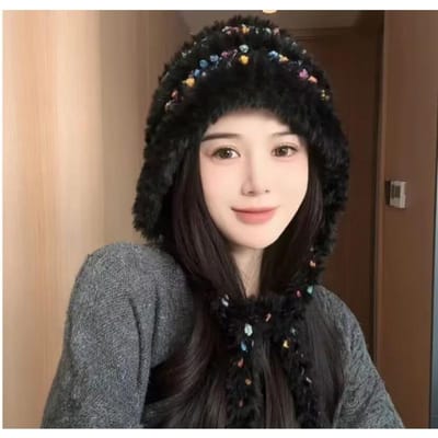 Zure Boon Kwast Vetersluiting Pluche Gebreide Hoed voor Dames in Herfst en Winter Japanse Zoete Koudebescherming Oorbescherming Hoed