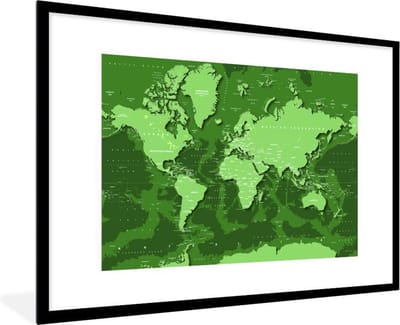 Poster in lijst - Fotolijst 120x80 cm - Posters - Wereldkaart - Stoer - Groen - Posterlijst zwart - Decoratie - Wanddecoratie woonkamer - Muurdecoratie slaapkamer