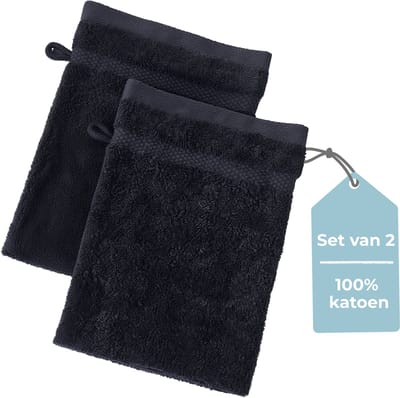 HUSH Living - Washand 100% katoen - set van 2 - zware kwaliteit 500g/m2 - stijlvol boord en ophanglus- 16x22cm - zwart
