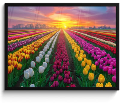 Poster in lijst - Fotolijst 70x50 cm - Posters - Tulpenveld - Zonsondergang - Kleurrijk - Posterlijst zwart - Decoratie - Wanddecoratie woonkamer - Muurdecoratie slaapkamer