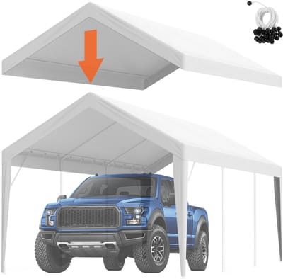 Carport Vervangende Overkapping 10' X 20', Duurzaam, Waterdicht en Uv-Beschermd Garagetentzeil, Eenvoudige Installatie met Spanbanden, Wit (Alleen Bovenzeil, Frame Niet Inbegrepen