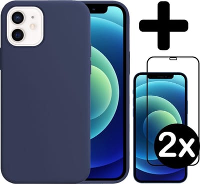 Hoesje - Met 2x Screenprotector - Geschikt voor Apple iPhone 12 - Sterk & Shockproof - Telefoon Hoes - Back Cover - Siliconen Case - Telefoonhoes - Donkerblauw