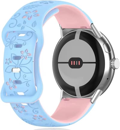 Tweekleurig siliconen sportbandje met bloemenmotief voor Google Pixel Watch 4 en 3, 45mm, lichtblauw en roze, comfortabel en duurzaam