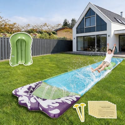 Waterglijbaan Extra Lang & Soepele Glide - Buikschuifbaan Met Sproeisysteem Voor Meer Snelheid - Waterslide Duurzaam & Slijtvast – Waterglijmat Met Tuinslangaansluiting | Buikschuifmat Met Zachte Landing