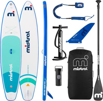 Mistral Bayou Tour 11'6 | Opblaasbare SUP Set | Touring SUP Board | Groen/Wit | 350 x 79 cm | 312L | Stabiel en Wendbaar | Incl. Peddel, Pomp, Leash, Vin en Rugtas | Voor Toertochten