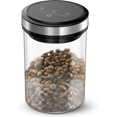 Boîtes à café sous vide avec couvercles hermétiques Auto Vide et Arrêt Écran Tactile Pot de Rangement 1,6L/54oz Acier Inoxydable de Qualité Alimentaire Lave-vaisselle transparent