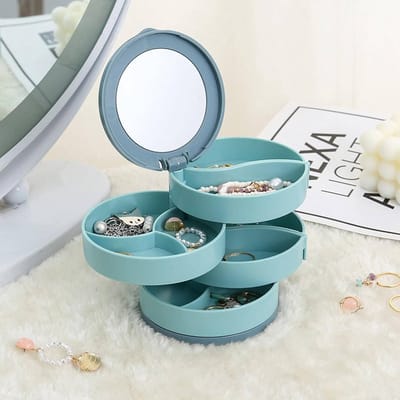 Draaibare Sieraden Organizer Box met Spiegel – Draagbare Opbergdoos Met Meerdere Lagen voor Ringen, Oorbellen, Kettingen – Blauw