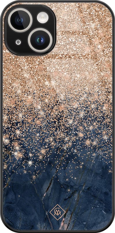 Casimoda® hoesje - Geschikt voor iPhone 14 - Marmer Blauw Rosegoud - Luxe Hard Case Zwart - Backcover telefoonhoesje - Rosekleurig