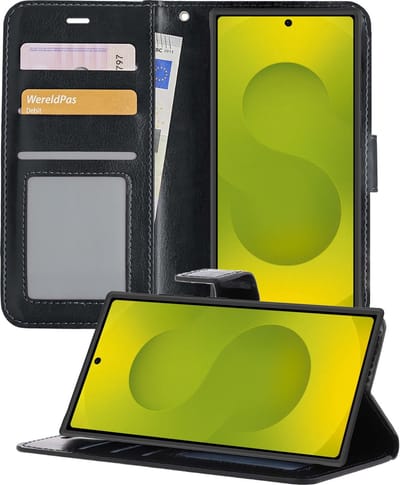 Hoesje - Met Pasjeshouder - Geschikt voor Samsung Galaxy S25 Ultra - Luxe Bookcase Portemonee - Flip Case - Kunstleer Book Case - Flipcase - Book Cover - Walletcase - Portemonneehoes - Telefoonhoesjes - Zwart
