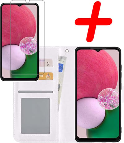 Hoesje Met Screenprotector - Geschikt voor Samsung Galaxy A13 5G - Luxe Pasjeshouder - Bookcase Portemonee - Flip Case - Kunstleer Book Case - Flipcase - Book Cover - Walletcase - Portemonneehoes - Wit