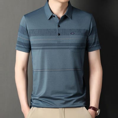 Zomer Heren Revers Korte Mouw T-shirt voor Jonge en Middelbare Leeftijd Mannen Gestreept Tops Zakversie Dun Halve Mouw Casual Heren Korte Mouw 4XL gray