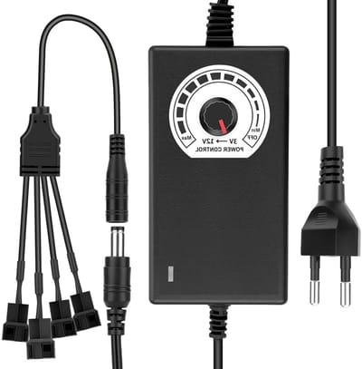 PWM Fan Controller met 12V Voeding, Snelheidsregeling Module voor 4-Pin Ventilatoren, 100-240V AC naar 3-12V DC, 24W, Verstelbare Adapter met Splitter Kabel