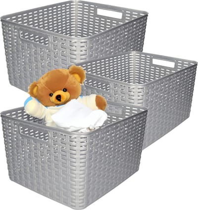 Plasticforte Opbergmand - 3x - Kastmand - rotan kunststof - zilver - 28 Liter - 34 x 40 x 23 cm