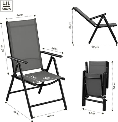 Inklapbare Tuinstoel Set 2 Stuks – Verstelbare Hoge Rugleuning 7-Posities – Campingstoel & Balkonstoel 150 kg – Aluminium Frame Tuinstoelen Outdoor Zwart/Grijs – ABTkantoor