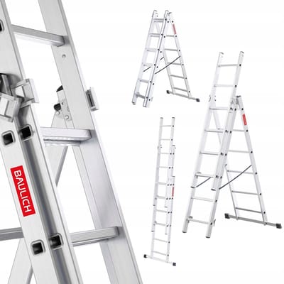 Baulich Aluminium opvouwbare multifunctionele vouwladder - 3 secties, 3x6 treden, met stabilisator, draagvermogen 150 kg, maximale werkhoogte 389 cm, licht en duurzaam