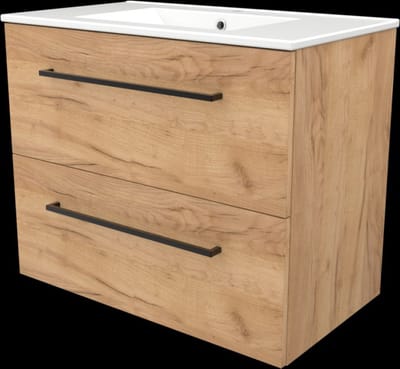 Basic Start 46 badmeubelset met wastafelonderkast met grepen, 2 lades en porseleinen wastafel met 1 kraangat 80 x 46 cm, whisky oak