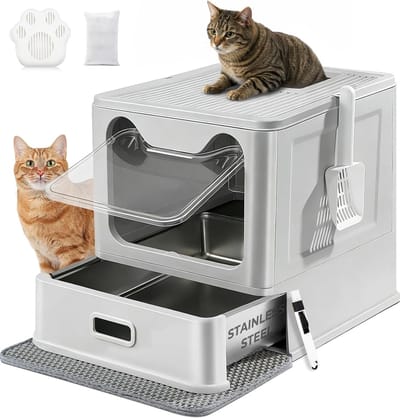 Famanu – Kattentoilet - roestvrijstalen kattenbak met deksel en uittrekbaar dienblad - hop in kattenbak XXL met kattenbakmat en schep voor katten tot 15 kg - eenvoudige reiniging - lekvrij