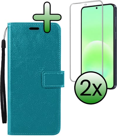 Hoesje Met 2x Screenprotector - Geschikt voor Samsung Galaxy A57 - Luxe Pasjeshouder - Bookcase Portemonee - Flip Case - Kunstleer Book Case - Flipcase Hoes - Book Cover - Walletcase - Portemonneehoes - Turquoise