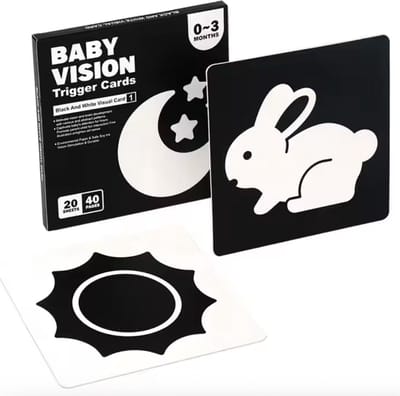 Montessori Visuele Stimulatiekaarten Baby 0–3 Maanden – Zwart-Wit Contrast voor Optimale Breinontwikkeling – Waterafstotend, Veilig & Duurzaam – 20 Dubbelzijdige Kaarten (14x14 cm) - Speelgoed