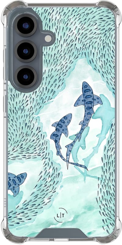 Shockproof hoesje - Geschikt voor Samsung Galaxy S25 - Baby shark - Extra sterke case - TPU/polycarbonaat - Print / Illustratie - Blauw, Transparant