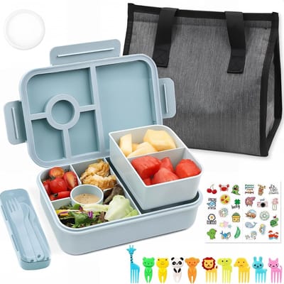 Famanu - Broodtrommel met 5 vakken, 1300 ml, met lunchtas, lekvrije lunchbox, bento box met bestekset, broodtrommel voor en volwassenen, lunchbox, ontbijtdoos, blauw