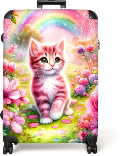 NoBoringSuitcases.com® - Koffer groot - Reiskoffer lichtgewicht - Roze-witte kitten omringd door roze bloemen - Rolkoffer met 4 wielen - Grote trolley XL - 98 liter bagage