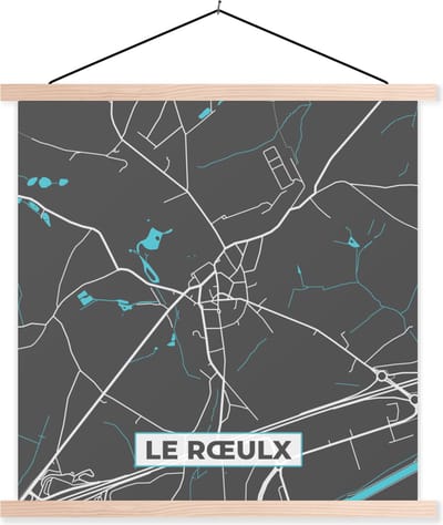 Posterhanger incl. Poster 40x40 cm - Schoolplaat - Kaart – Plattegrond – Stadskaart – Le Rœulx – België - Grijs - Textielposter - Blanke latten - Stadskaart