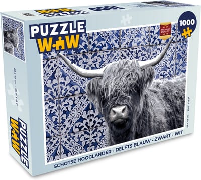 Puzzel Schotse Hooglander - Delfts blauw - Zwart - Wit - Legpuzzel - Puzzel 1000 stukjes volwassenen