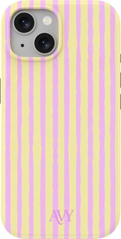 AVY Hoesje geschikt voor Apple iPhone 15 | Pink Lemonade | Strepen | Roze & Geel | Hard Shell Back Cover | Compatibel met MagSafe & Qi2