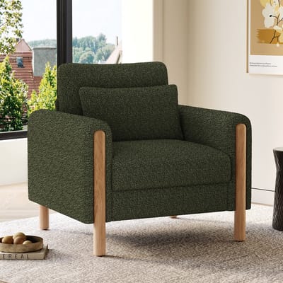 PHOEBE CAT Fauteuil - Met kussen - Slaapkamerstoel - Teddy - Massief houten poten - Olijfgroen