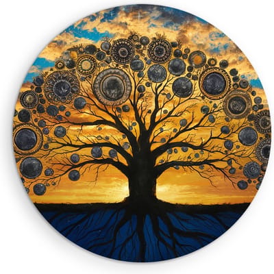 Saammp Muurcirkel Hout - Spirutuele boom - Landschap - Natuur - Ø 90 - Wandcirkel - Wanddecoratie Cirkel - Muurdecoratie Woonkamer - Slaapkamer decoratie - Rond Schilderij