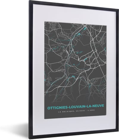 Fotolijst incl. Poster - België – Ottignies Louvain la Neuve – Stadskaart – Kaart – Blauw – Plattegrond - 30x40 cm - Posterlijst