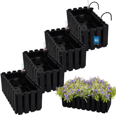 KOTARBAU® 4 st Balkonbak, Bloembak voor Balkon, Kunststof, 38 x 18 x 16 cm, Antraciet, Balkonbak met Houder, Zelfbewaterend Systeem, Balkon Plantenbak, Weerbestendige Plantenbak