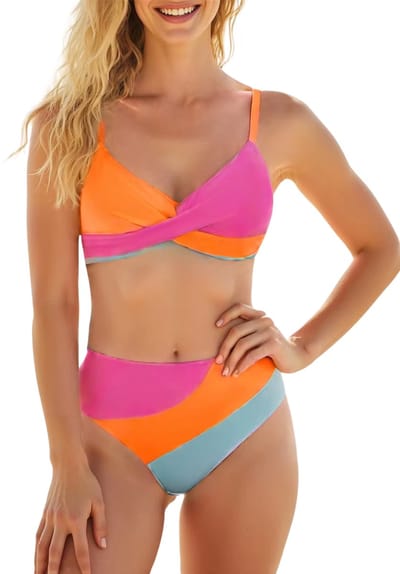 Dames 2-Delige Bikini Set – Patchwork V-Hals Bikini Top met String Bikini Broekje, Zomer Badmode, Strand Bikini en Zwemkleding voor Dames - Oranje - Maat S
