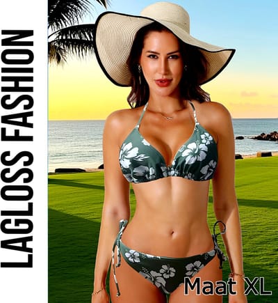 LaGloss® Sexy Groene Bikini Set met Bloemenprint – 2-Delige Halter Nek Zwemkleding – Hoogelastisch & Elegant – Maat XL