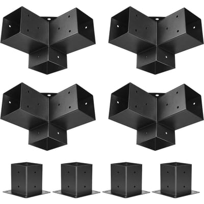 Kit de Support de Pergola, 4x4 Pouces (Taille intérieure 92 x 92 mm), 4 Pièces Support d'Angle Robuste à 3 Voies Menuiserie Bricolage Kit de Base pour Poteau, Installation Facile Bois
