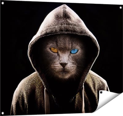 Gards Tuinposter Boze Kat Draagt een Hoodie - 100x80 cm - Tuindoek - Tuindecoratie - Wanddecoratie buiten - Tuinschilderij